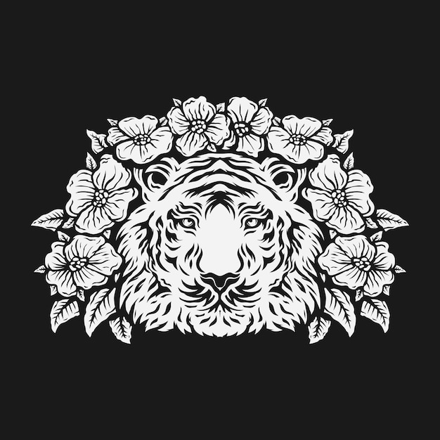 tiger head surrounded by rose flower. black and white.