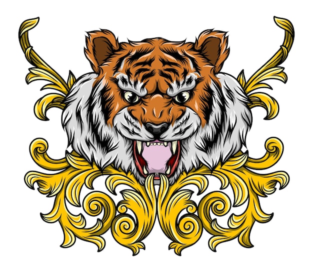 Tiger head tattoo in vintage baroque style of illustration