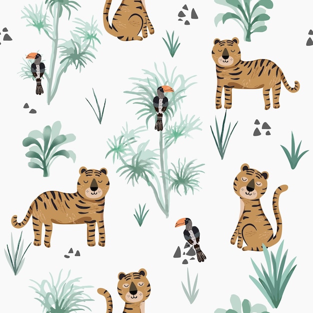 Tiger and hornbill bird in tropical forest seamless pattern