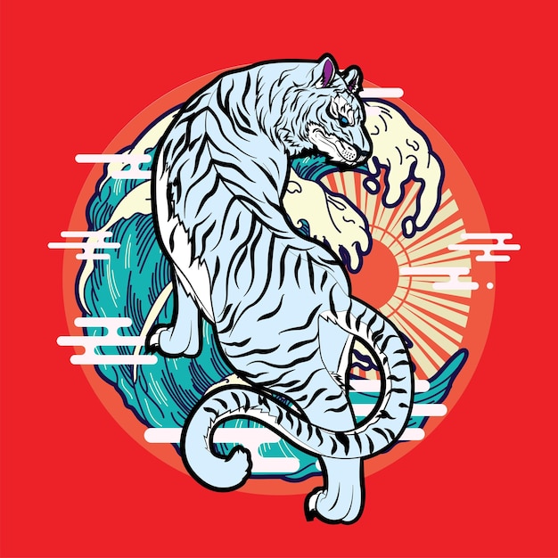 Vector tiger illustration with japanese style background