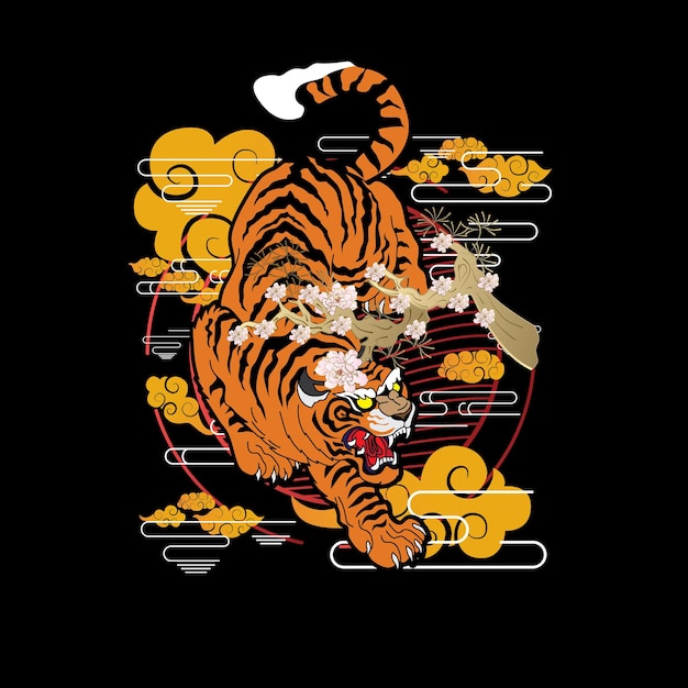 tiger illustration with japanese style background