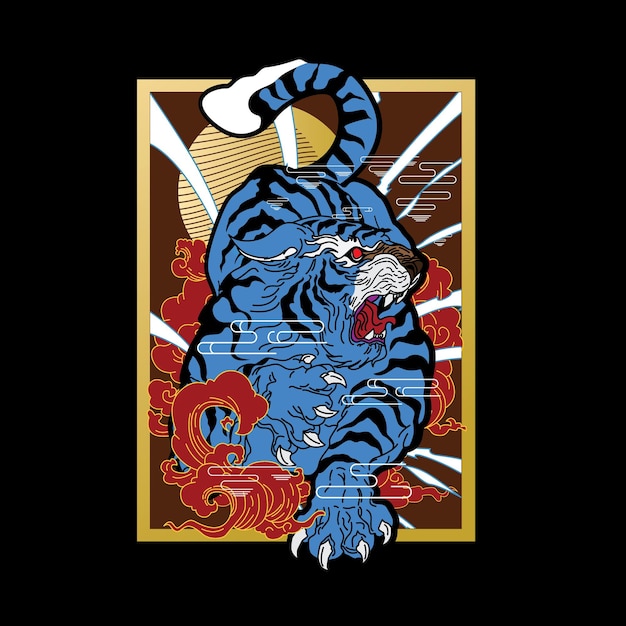 tiger illustration with japanese style background