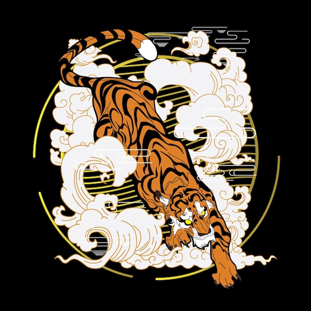 tiger illustration with japanese style background