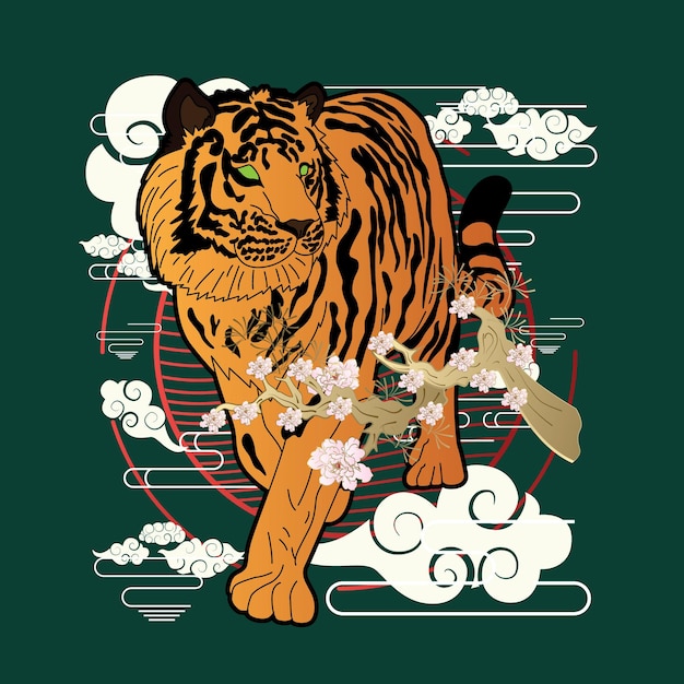 tiger illustration with japanese style background