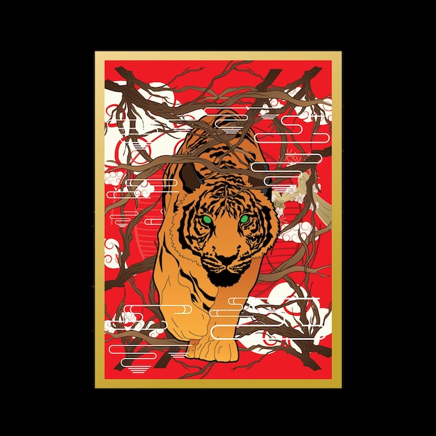 tiger illustration with japanese style background