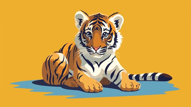 a tiger is laying on a blue mat with a yellow background