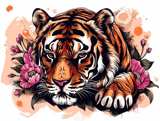 Vector a tiger is laying down in front of a flower arrangement