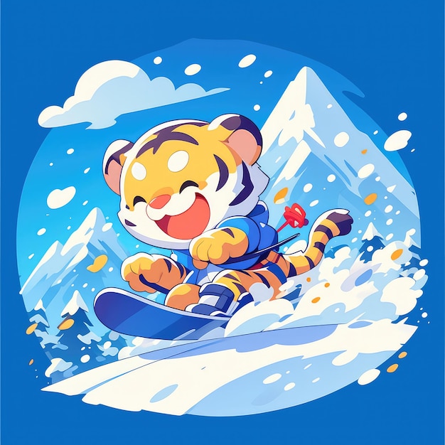 A tiger is skiing cartoon style