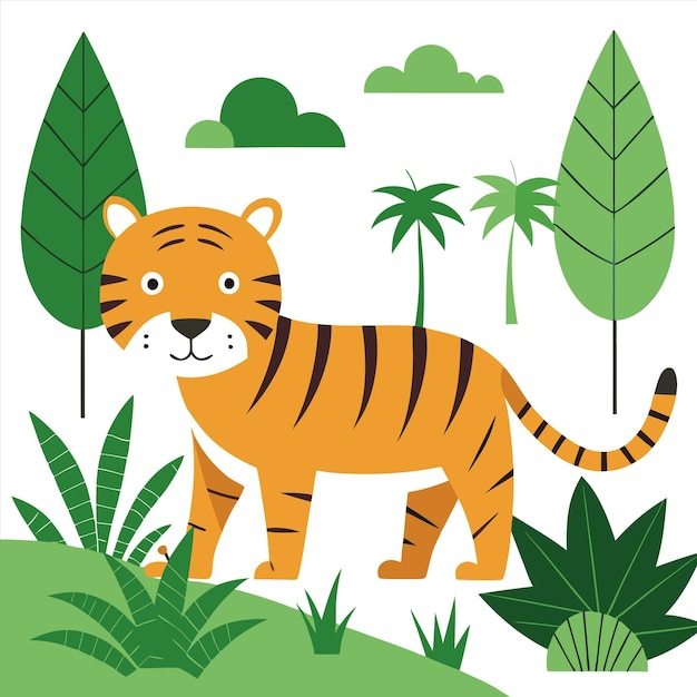 a tiger is standing in the grass with palm trees in the background