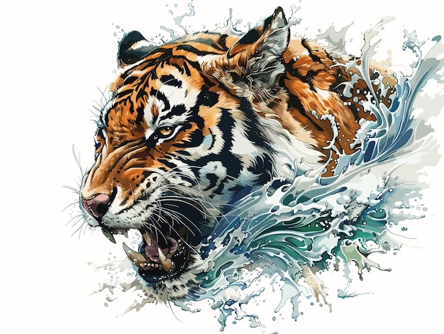 Vector a tiger is in the water with its mouth open and teeth bared