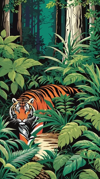 Vector a tiger in a jungle landscape painting artwork vector