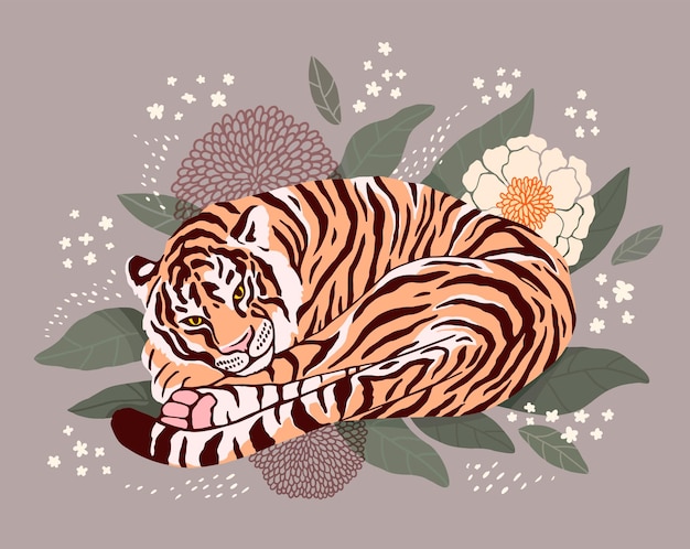 The tiger lies curled up among the leaves and flowers beautiful modern vector illustration