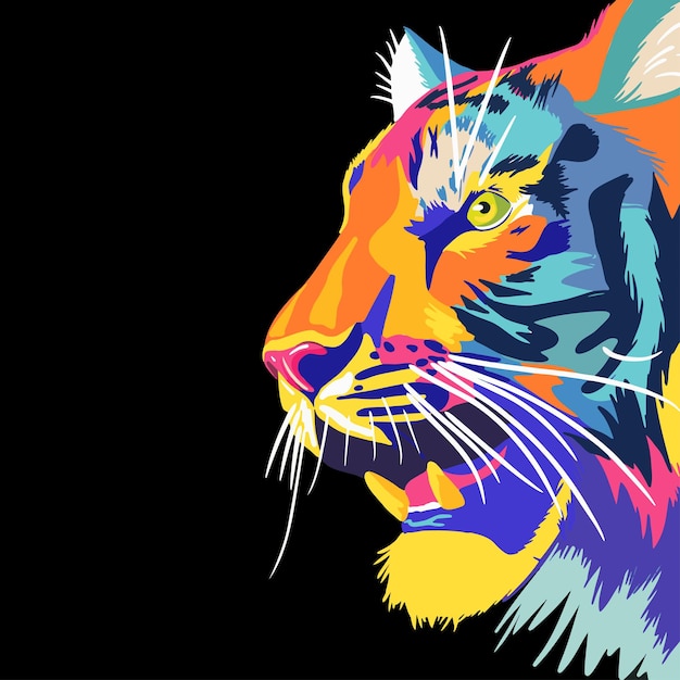 Tiger portrait Abstract handdrawn multicolored portrait of a tiger on black background