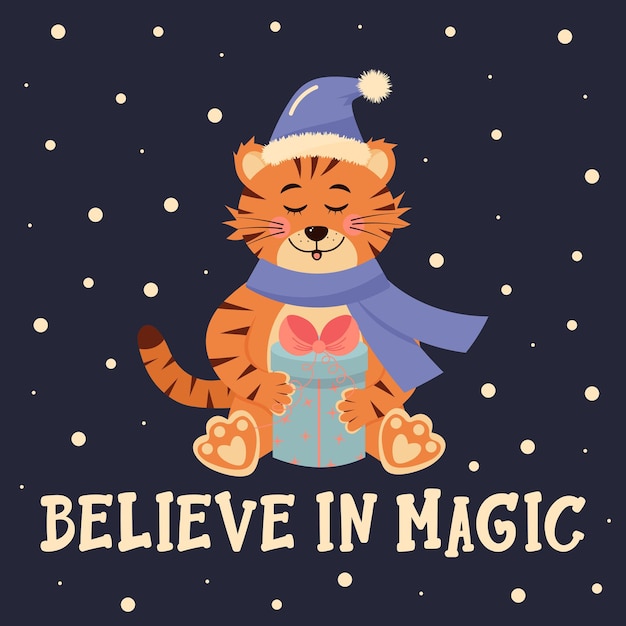 Tiger in santa hat and scarf is sitting with a gift Believe in magic lettering