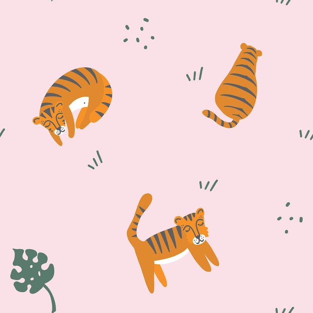 Tiger Seamless Pattern in Boho Kids Syle. Hand Drawn Sleeping, Sitting and Walking Tiger with Monstera Leaves. Nursery Background for baby textiles, prints, fabrics. Vector illustration, Flat design.