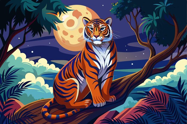 Vector tiger sitting on a branch at night with full moon