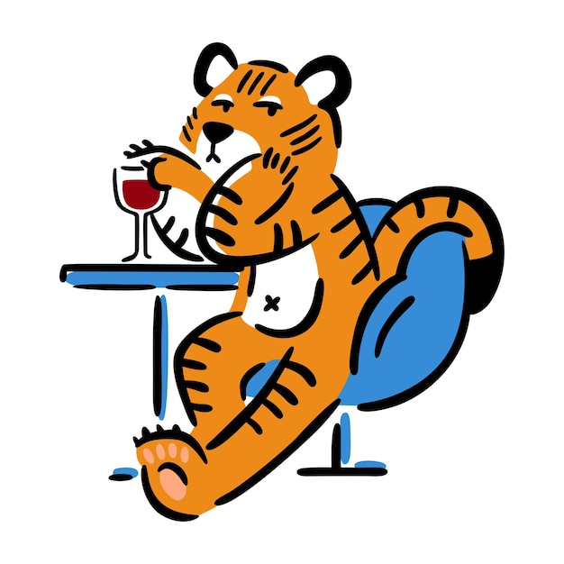 Tiger sitting in chair with glass of wine Chinese zodiac animal Symbol of the new year 2022