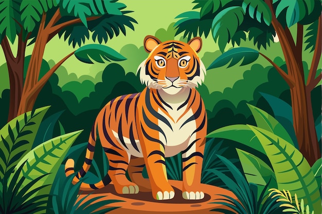 A tiger stands alert amidst vivid green foliage showcasing its striking stripes and powerful stance Tiger in the jungle