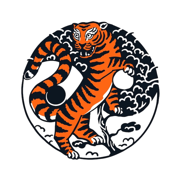 Vector tiger stands near the sakura in the shape of the yin yang symbol