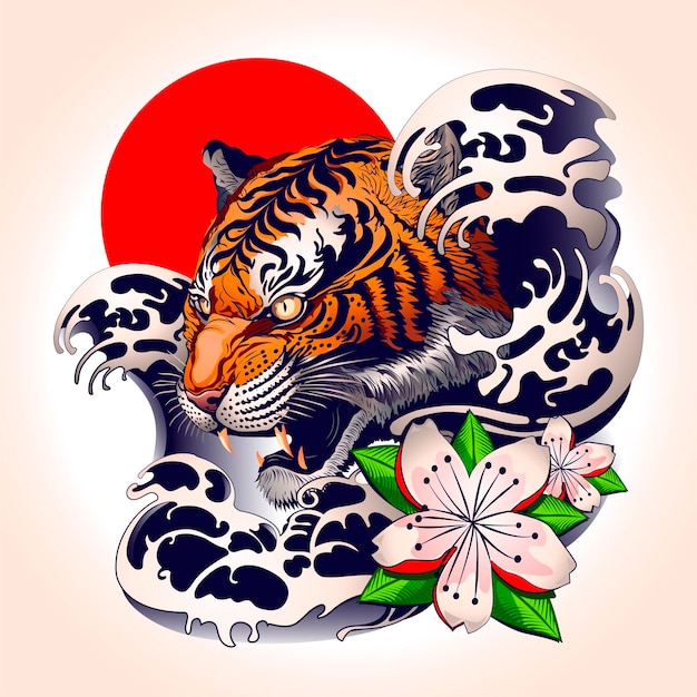 Vector tiger tattoo design with japanese decorative style. vector illustration