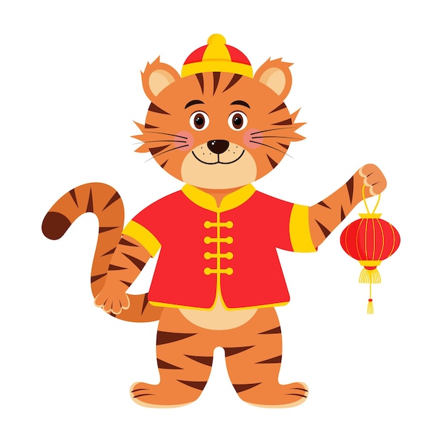 Tiger in traditional Chinese dress is holding a Chinese lantern. New Year symbol.