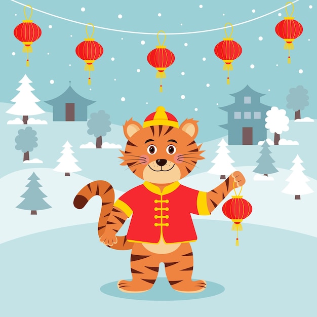 Tiger in traditional Chinese dress is holding a Chinese lantern. Winter landscape and a garland of Chinese lanterns. New Year card.