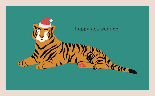 Tiger wearing santa claus hat greeting card or poster template