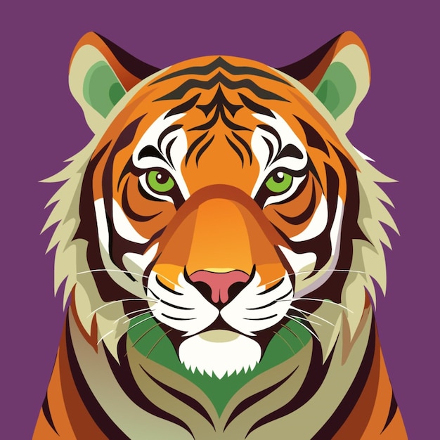 a tiger with green eyes and a purple background