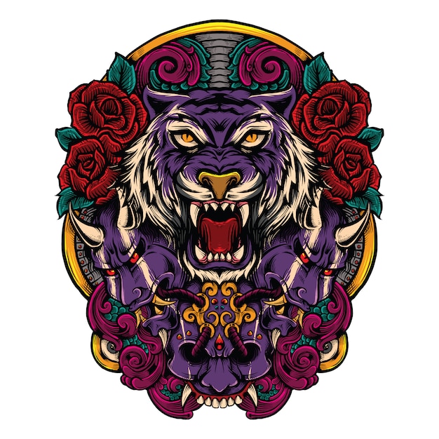 tiger with Japanese evil mask with roses artwork combination illustration