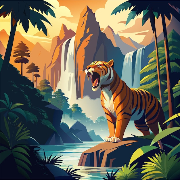 Vector a tiger with the mouth open is in front of a waterfall