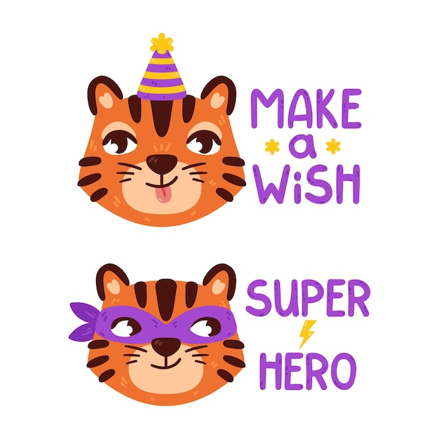 Tiger with superhero mask and party hat Chinese zodiac animal Super hero and make  wish lettering