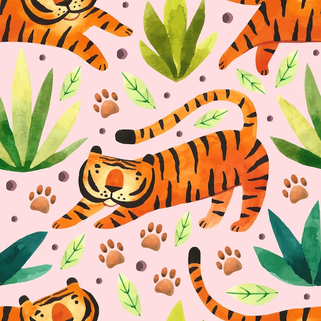 Tigers in rainforest Big wild cats and tropical plants Zodiac symbol of the year Watercolor