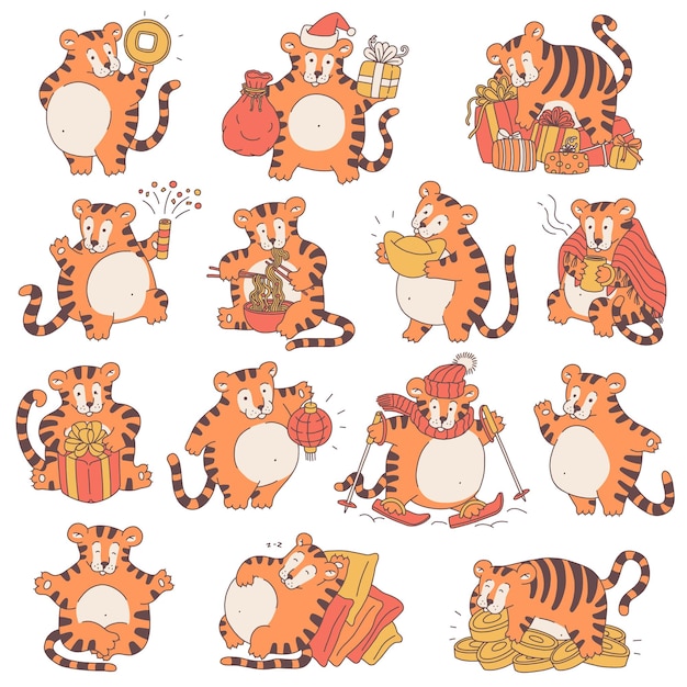 Tigers set with Chinese new year symbols Cute different tigris vector outline cartoon illustrations