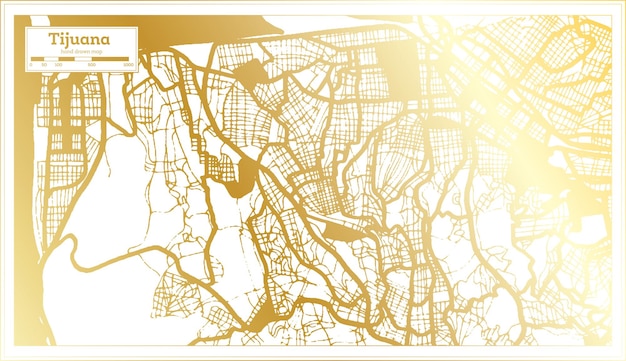 Tijuana Mexico City Map in Retro Style in Golden Color Outline Map