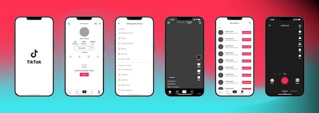 Tik Tok interface Tik Tok screen social media social network interface template Homepage loading recommendations subscription profile Stream stories liked screenshot Editorial illustration