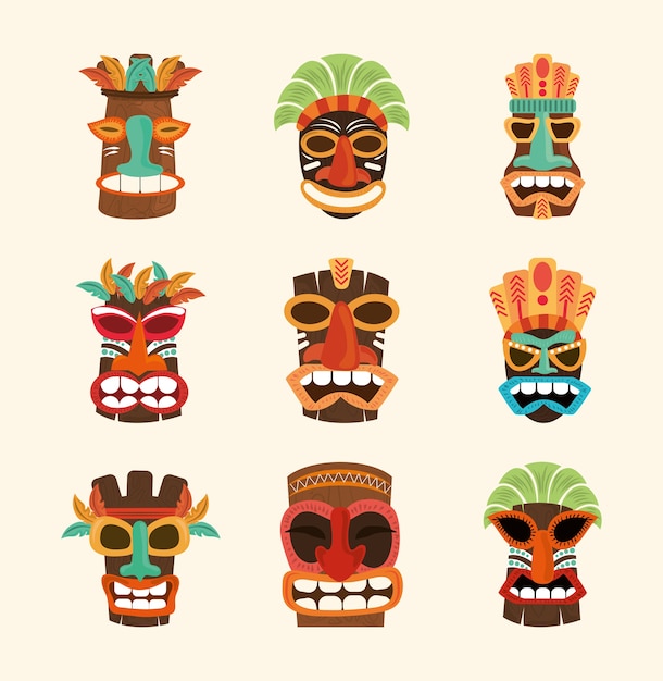 Tiki african face wooden sculpture isolated on white, set icons illustration