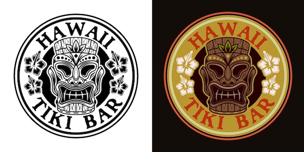 Tiki hawaiian tribal wooden mask two styles black on white and colorful on dark background vector illustration