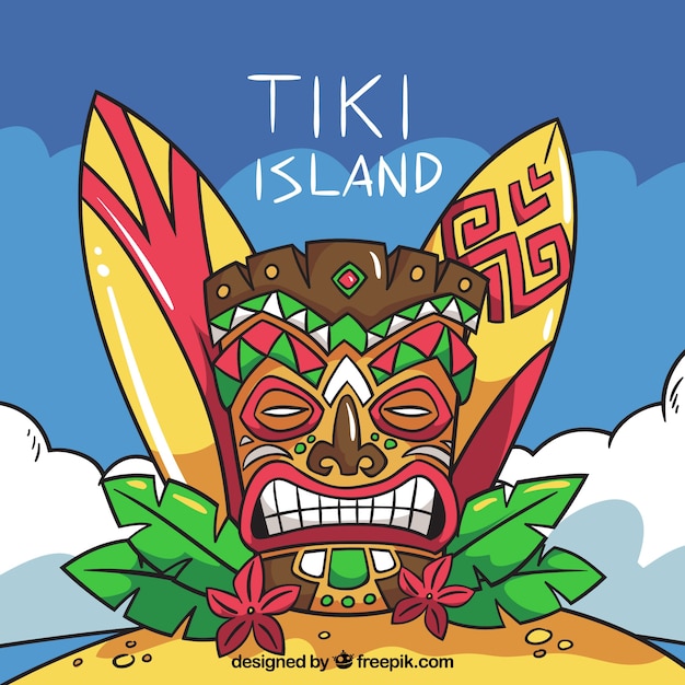 Tiki mask, sur boards and palm leaves