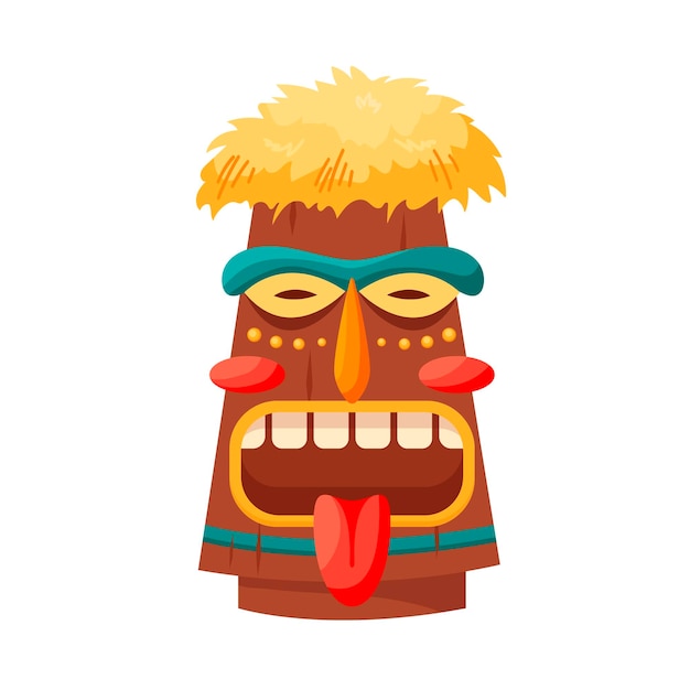 Tiki mask tribal Hawaiian totem or african maya aztec wooden idol isolated on white background Ethnic ritual head polynesian statue cartoon style vector