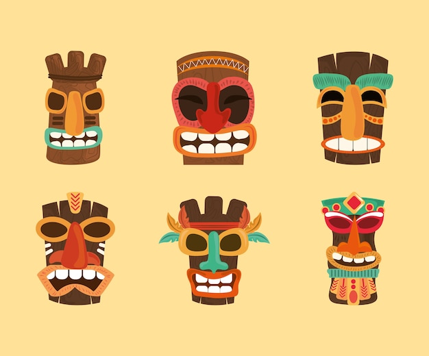 Tiki tribal hawaii totem traditional wooden, collection icons illustration