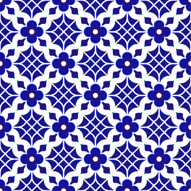 Tile pattern, ceramic blue and white flower seamless background, beautiful porcelain wallp