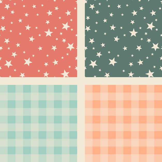 Tiled children's orange and green vector pattern with stars and checkered plaid