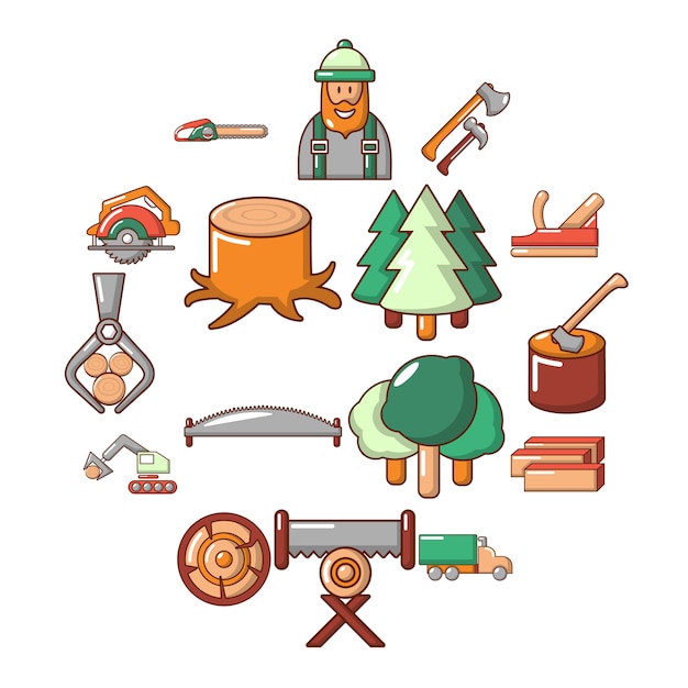 Timber industry icon set, cartoon style