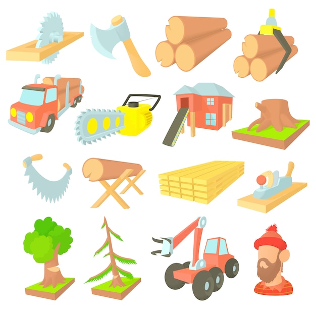 Timber industry icons set in cartoon style