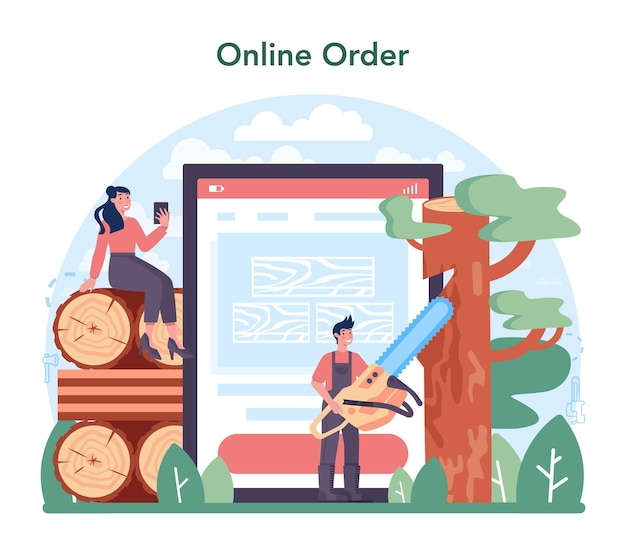 Timber industry and wood production online service or platform. Logging and woodworking process. Global industry classification. Online order. Vector illustration