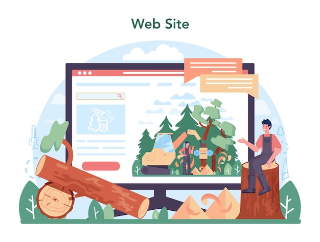 Timber industry and wood production online service or platform. Logging and woodworking process. Global industry classification. Website. Vector illustration