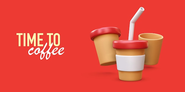 Time to coffee banner with three 3d coffee cups isolated on red background Vector illustration