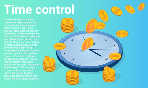 Time control Deadline and time management Clocks and flying coins as a symbol of monetary control