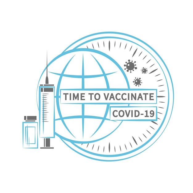 Time to covid-19 vaccinate icon. Syringe, bottles of vaccine and Timer clock.