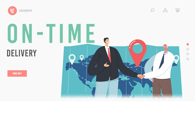 On-time Delivery Landing Page Template. Cargo Export Import, Logistics. Business Partners Characters Shaking Hand near Huge Map with Freight Destination Point, Deal. Cartoon People Vector Illustration